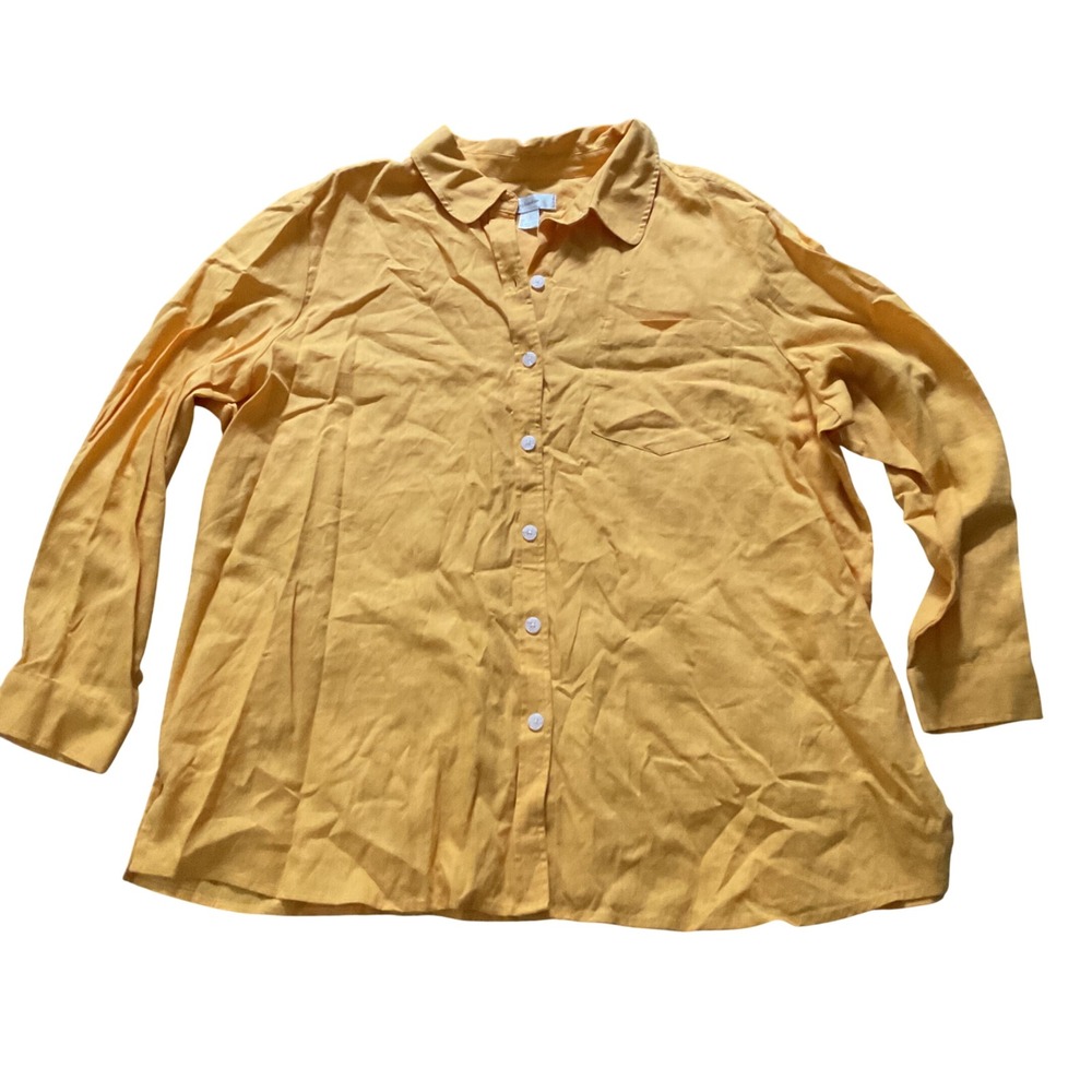 CJ Banks Mustard Yellow Linen Blend Button Down Shirt Long Sleeve Plus Size 1X